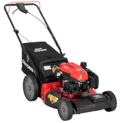 Photo of Craftsman CM12AVB2C2093 gas-powered lawn mower, red and black, front angle on white background.