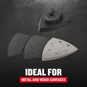 CRAFTSMAN CMAO200 triangular sanding pads and attachment for oscillating tool, shown on dark surface, display three pads and tool head.