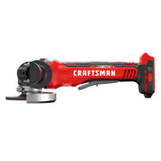 Photo of Craftsman cordless angle grinder, red and black, side view, SKU CMCG451B.
