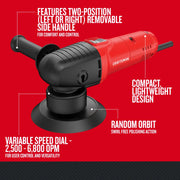 Photo of Craftsman random orbit polisher CMEE145 with two-position handle and variable speed dial, side angle.