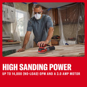 Photo of Craftsman random orbital sander with dust bag, features highlighted, SKU CMEW231, front angle.