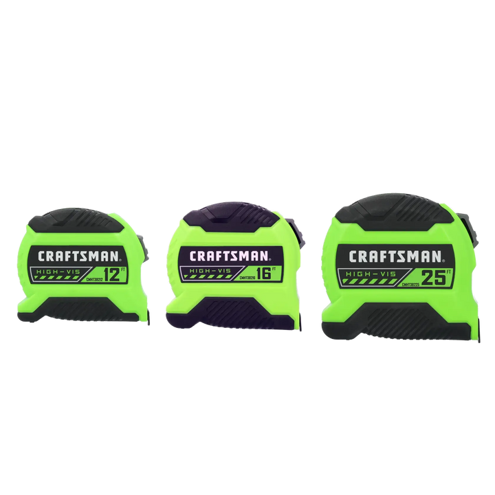 Photo of three Craftsman high-vis tape measures, CMHT38333S, in 12, 16, and 25 inch sizes, front angle.