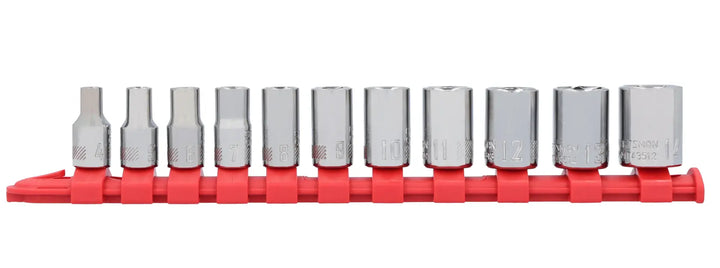 Craftsman CMMT12041 socket bit set with 13 chrome sockets on red rail, front angle, white background.
