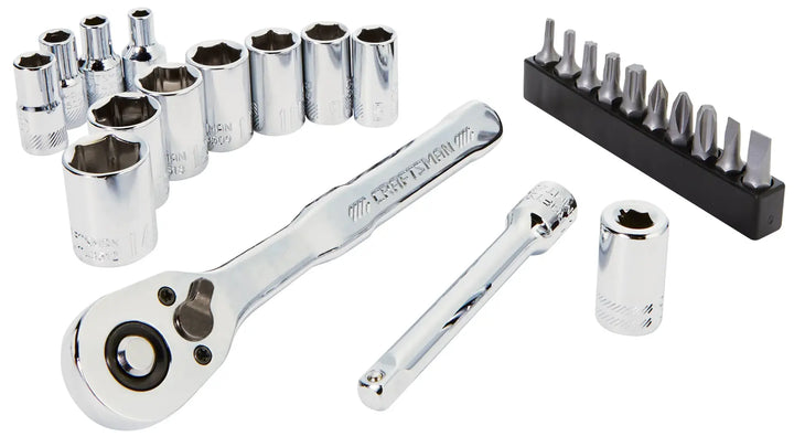 A set of chrome hand tools including a ratchet wrench, multiple sockets of various sizes, an extension bar, and a set of screwdriver bits on a holder, arranged on a white background.