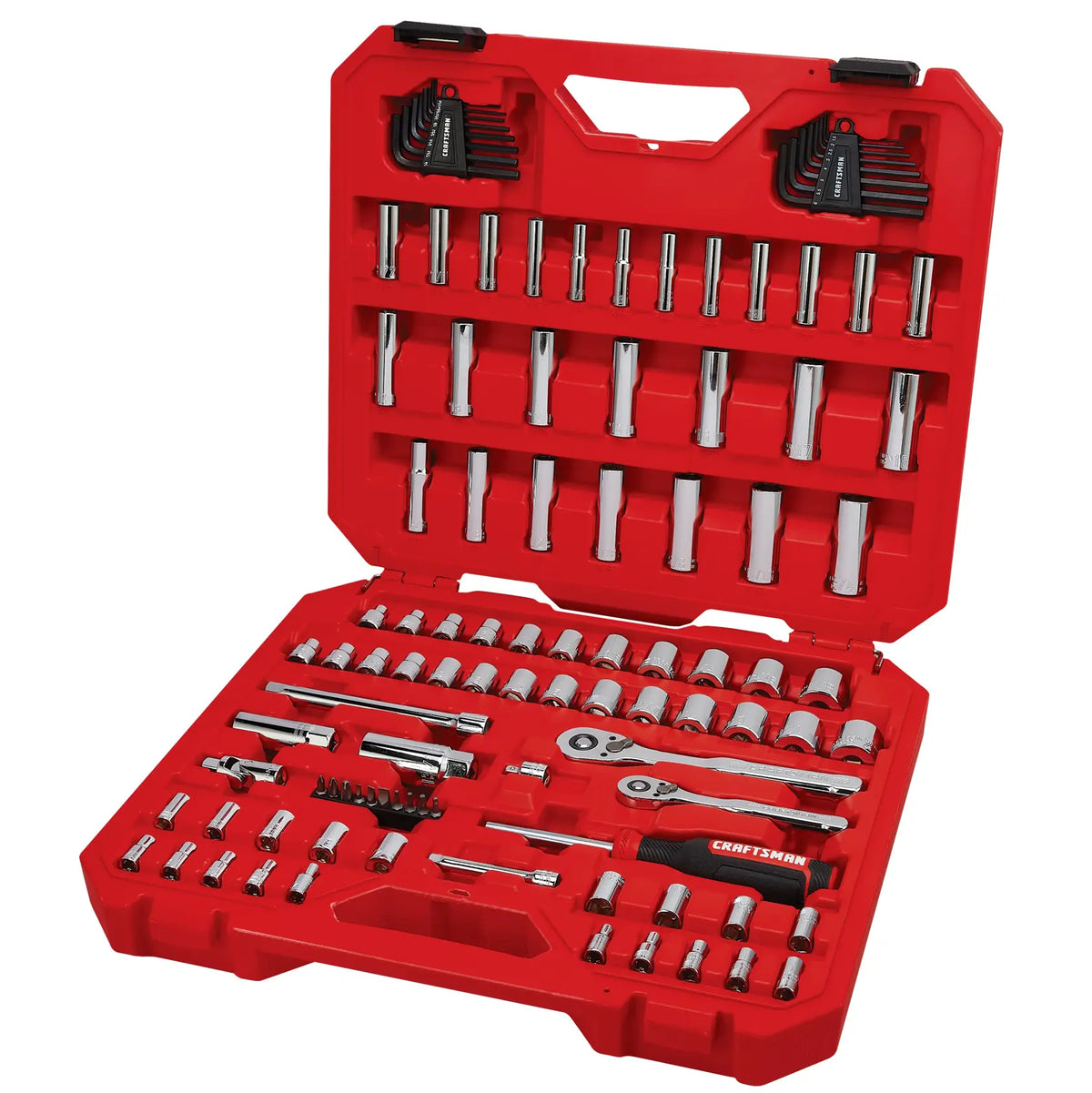 Photo of Craftsman red tool set with sockets, ratchets, and hex keys in open case, CMMT12123, angled view.