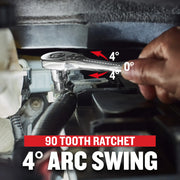 Craftsman ratchet with 90 teeth, SKU CMMT12127, demonstrating 4 degree arc swing in automotive setting.
