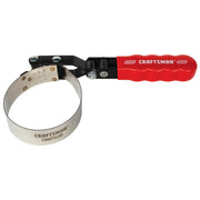 Photo of Craftsman CMMT14119 oil filter wrench with red handle and adjustable metal band, top view on white background.