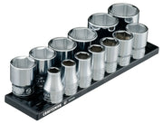 Photo of Craftsman socket set on black tray, chrome finish, SKU CMMT17380V, front angle.