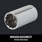 Photo of Craftsman deep socket, chrome finish, twelve-point, SKU CMMT43320, angled view on white background.