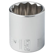 Photo of Craftsman 19mm chrome socket, CMMT44308, close-up on white background.