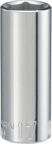 Craftsman CMMT44434 chrome deep socket, 17mm size, front angle on white background.