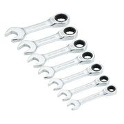 A set of seven chrome combination ratcheting wrenches, each with an open-end and a box-end, laid out in a row from largest to smallest. The wrenches are labeled with fractional sizes and have CRAFTSMAN branding engraved on them.