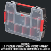 Photo of Craftsman clear plastic organizer with red handle and latches, graphics SKU CMST14021, front angle.