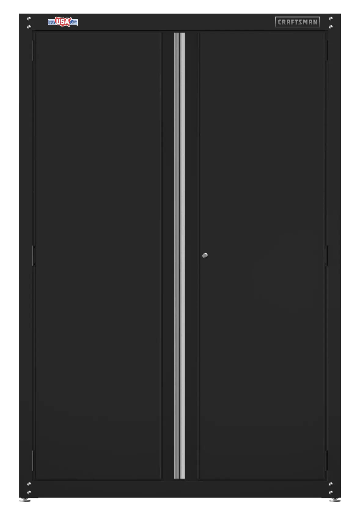 Front view of a large black metal storage cabinet with two doors, a vertical silver handle strip, and labels at the top corners.