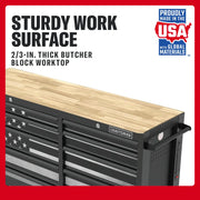 Photo of Craftsman CMST98285P graphics workbench with thick butcher block wood top, American flag motif drawers.