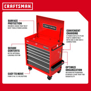 Photo of Craftsman CMSTUC06RB red tool chest with drawers, power outlets, pegboard, and locking system, front angle.