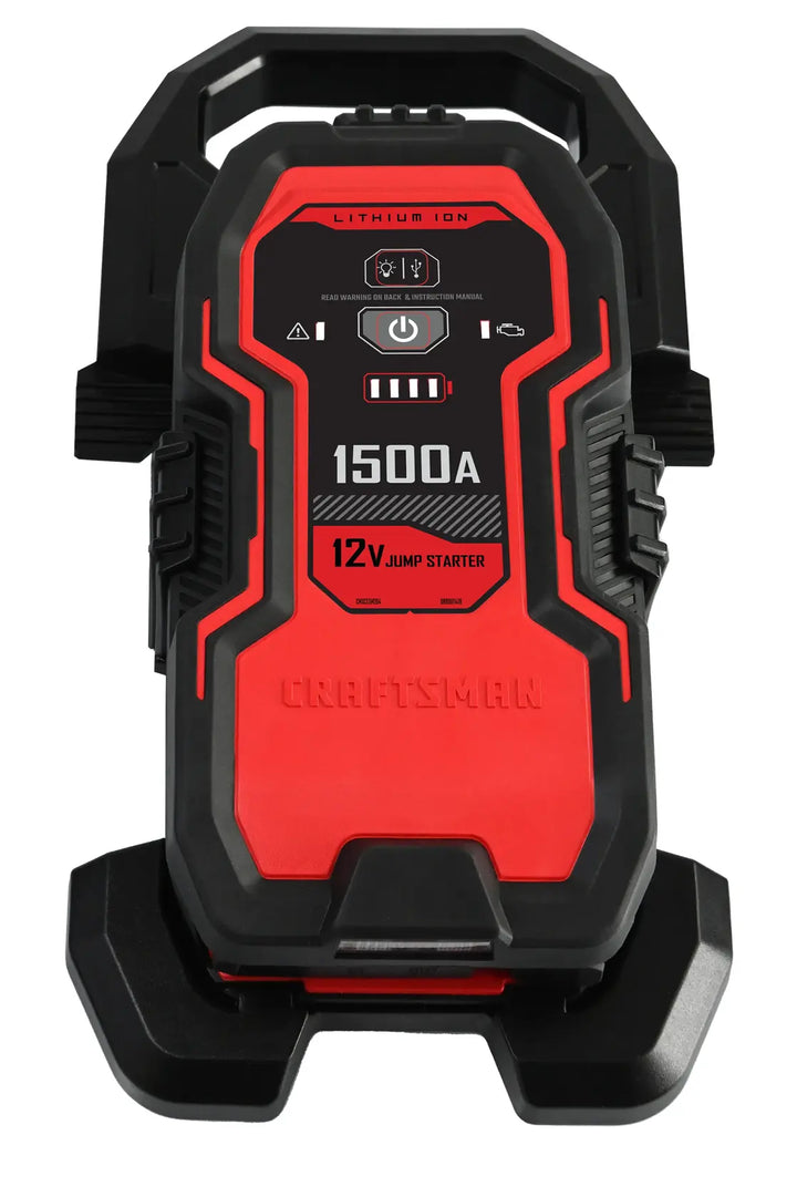 Craftsman CMXCESM264 12V jump starter, black and red, front view, with digital display and handle.