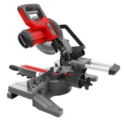 Photo of Craftsman miter saw CMXEMAX69434504 in red and black, side angle on white background.