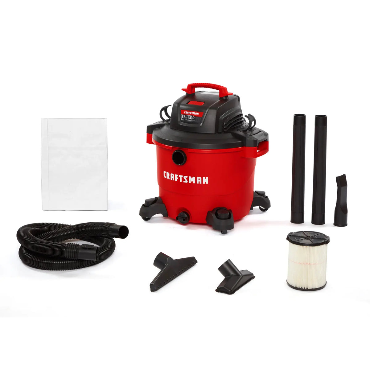 Craftsman wet/dry vacuum CMXEVBE17595 with accessories, red and black, front angle on white background.