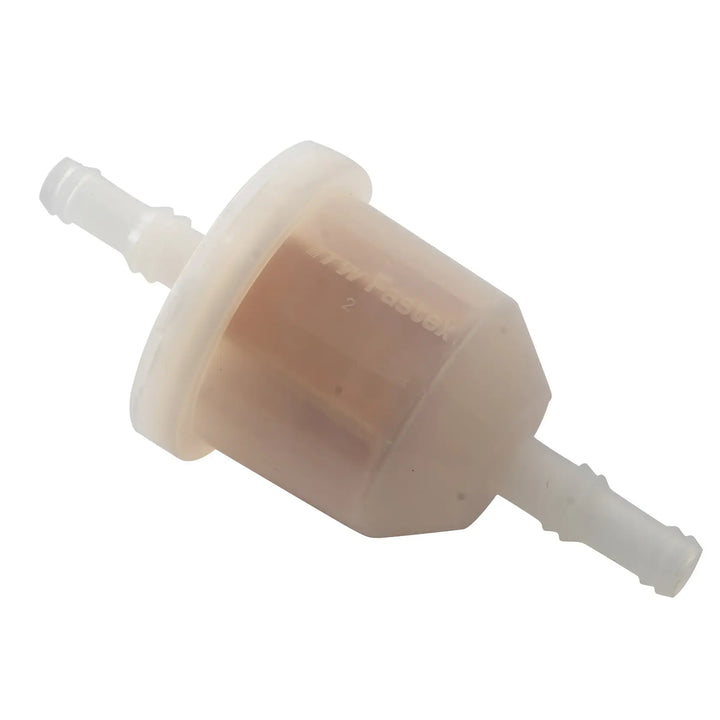 Plastic in-line fuel filter with barbed connectors, translucent body, white background beauty shot, side angle.