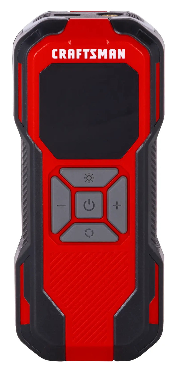 Photo of CRAFTSMAN CMXPTXA1201 red and black digital laser measure with front view and control buttons.