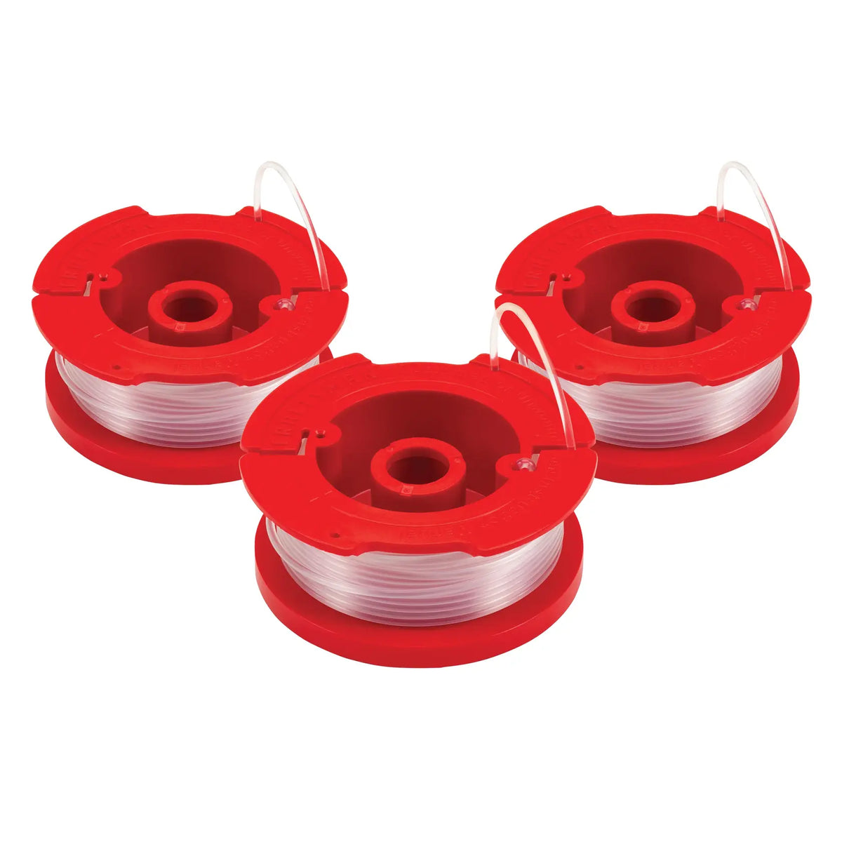 Photo of three Craftsman replacement trimmer line spools, red plastic housing, visible clear line, CMZST0653, front angle.